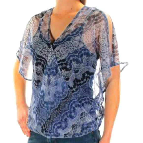 🦋 I.N.C international blue floral sheer faux wrap size Large 🦋 - Picture 2 of 7